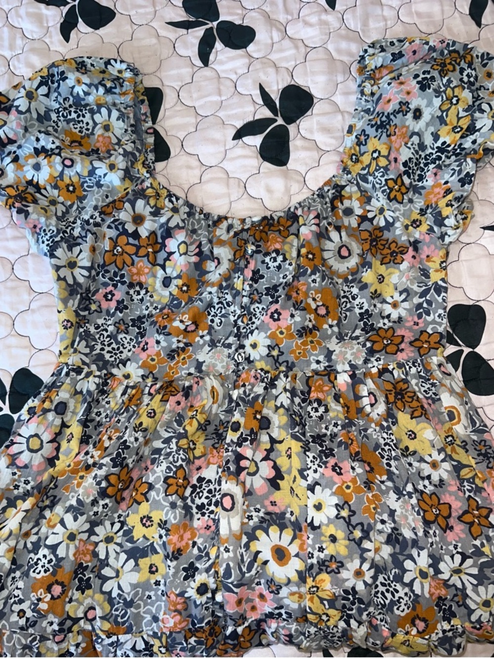 American Eagle Outfitters Floral Smocked Waist Top - Gray & Yellow